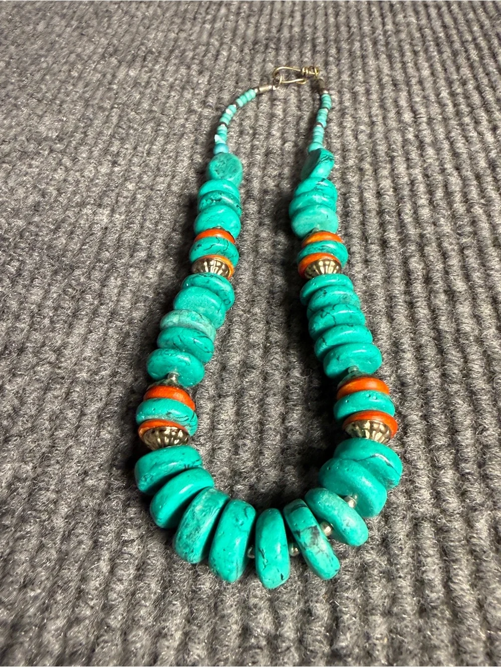 Southwestern Chunky Turquoise And Spiny Oyster Silver Bead Necklace Vintage